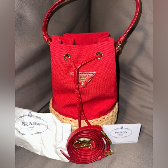 Prada mixed canvas and wicker hand or crossbody bag. - Picture 2 of 9